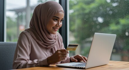 Photo of a Muslim Woman Online Shopping with Credit Card