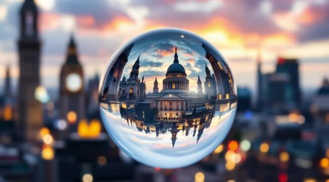 "Stunning Crystal Ball Reflection of Cityscape at Sunset | 4K Ultra HD Cinematic Urban Landscape | Magical Bokeh Background with Vibrant Evening Sky | Artistic Macro Footage"


