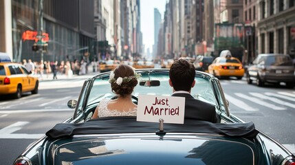 Newlyweds in a Classic Convertible in the City