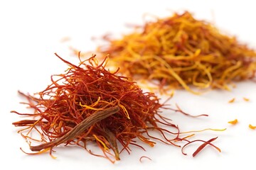 Fototapeta premium Saffron strands isolated on white – exotic spice close-up