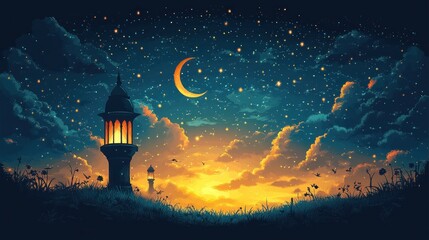 Fototapeta premium Nighttime Mosque Lantern, Starry Sky