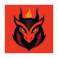 Fiery devil mascot head vector illustration on red background for logo design and branding