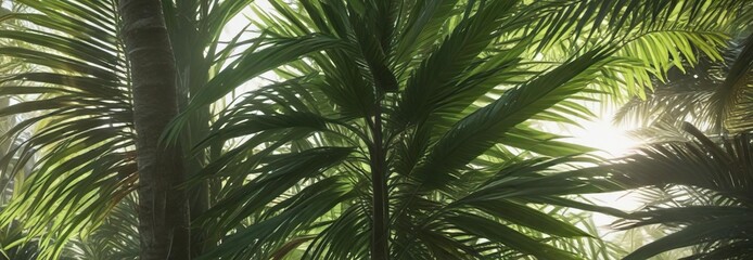 Vibrant green palm leaves with sunlight filtering through, greenery, exotic, sunny