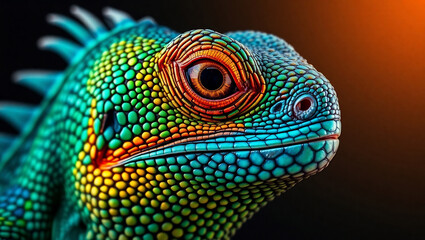 Fototapeta premium Majestic Lizard Face Close-Up – Ultra-Detailed Multicolored Scales with Cinematic Lighting