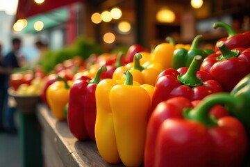 A vibrant display of bell peppers at an outdoor market, showcasing the bright colors and textures of fresh produce.