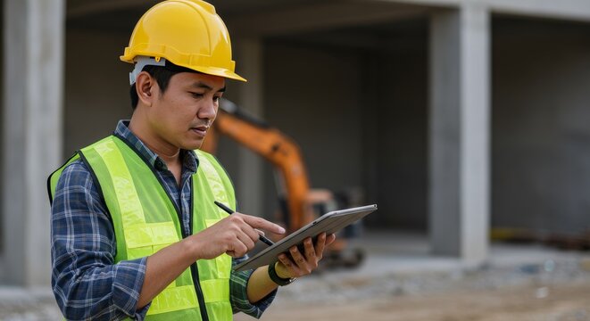 Photo of Asian Engineer Using Tablet at Construction Site