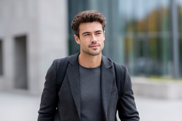 Naklejka premium Man Walking Outdoors in Business Attire with Backpack