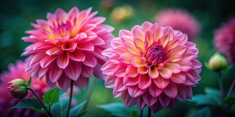 Fototapeta premium Stunning Pink Dahlia Garden - High-Resolution Photo, Vibrant Blooms, Lush Foliage, Detailed Petals, Yellow Center, Deep Depth of Field