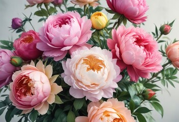 Fototapeta premium Vibrant watercolor painting of a bouquet of mixed roses and peonies, bouquet, mixed, colorful
