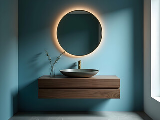Contemporary bathroom interior showcasing a floating wooden vanity cabinet with a vessel sink and an illuminated circular mirror against a serene blue wall backdrop