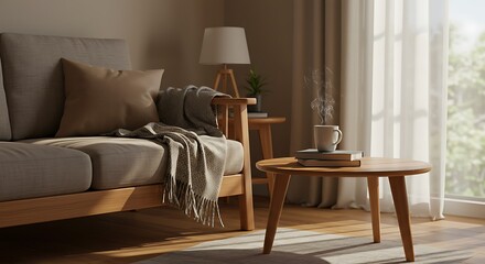 Fototapeta premium Cozy mornings: Relaxing scene featuring a cup of coffee on the table