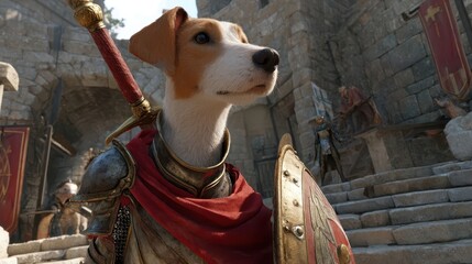 Obraz premium A small dog in medieval armor, guarding a fortress.