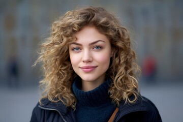 Obraz premium Woman with Curly Hair Smiling Portrait on City Street