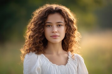 Naklejka premium Portrait of a Woman with Curly Hair Looking at the Camera