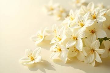 Fototapeta premium Delicate creamy white jasmine blossoms with subtle yellow accents, beautifully arranged to create a serene and elegant floral composition for various designs
