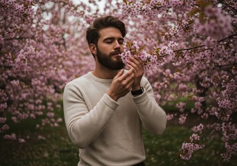 Fototapeta premium Photo of Bearded Man Smelling Pink Blossom in Garden