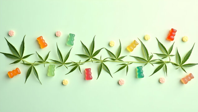 Delicate cannabis leaves and colorful gummy bears create a playful and inviting visual, offering a whimsical take on natural wellness and sweet indulgence