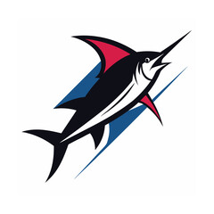 Dynamic illustration of a swordfish mascot with blue and red accents on white background