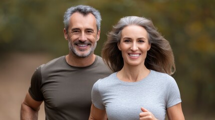 Obraz premium Mature Couple Jogging Outdoors Smiling Together, Healthy Lifestyle