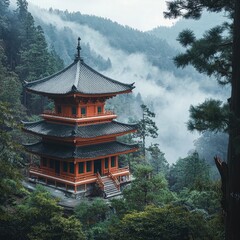 Red Japanese temple complex sits beside water and trees, surrounded by mist and forested mountains. Generative by AI.