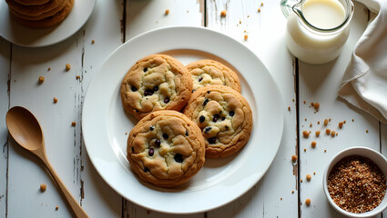 Delicious homemade cookies with milk on a rustic wooden table, captured from a warm overhead perspective, perfect for evoking feelings of comfort and indulgence