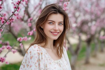 Fototapeta premium Woman Smiling Near Pink Blossoms in Outdoor Setting