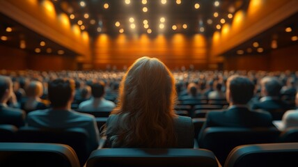 A blurred of business people in large conference hall, listening to a keynote speaker on stage, with bright stage lighting in a formal setting that enhances the atmosphere of learning and networking.