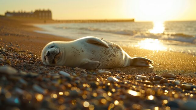 Baby seal on beach at sunrise