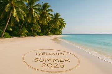 A tropical paradise beach with the inscription "WELCOME SUMMER 2025" on the sand against the background of palm trees, turquoise ocean and clear sky