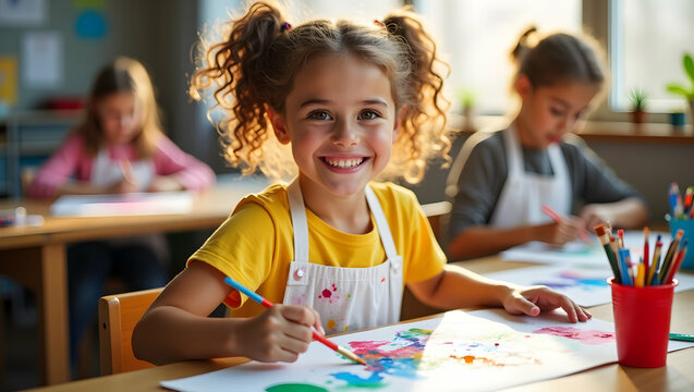 Delightful depiction of a cheerful young girl with sparkling hazel eyes and rosy cheeks enthusiastically painting with vibrant colors in a bright and playful classroom setting