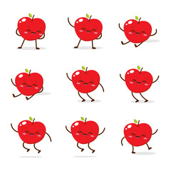 Cute Smiling Red Apple Character. Kawaii Red Fruit Mascot Style Vector. Cute vector character set in various action emotions. Collection symbols isolated on a white background