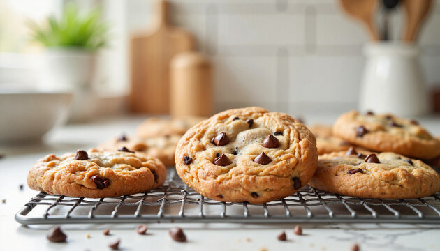 Delicious chocolate chip cookies cooling on rack, baking joy