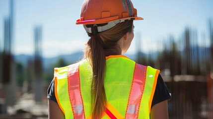 Construction worker woman at building site wearing safety vest and hard hat professional engineer overseeing project with blue sky background 