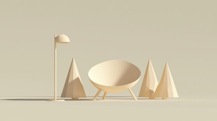 A minimalist living room scene with a white chair, lamp, and tree-shaped lamps.