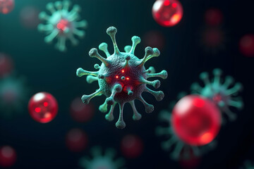 Detailed Photorealistic 3D Rendering of Intricate Virus Particles Displaying Infection Mechanisms and Potential Threat to Human Health in Close Up