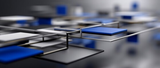 Fototapeta premium Abstract 3D rendering of interconnected blue, gray, and white rectangular shapes on metallic frames