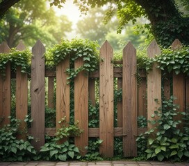 Fototapeta premium Vintage wooden fence covered in ivy with a soft focus background, nature, garden