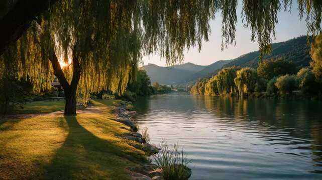 Peaceful Riverbank Sunset with Weeping Willows/柳の川岸と夕日の静かな風景2