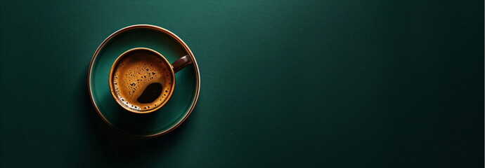 Cup of coffee on a dark green background. A minimalist and elegant image of a coffee mug and saucer for advertising or blog post. Cozy beverage for breakfast.