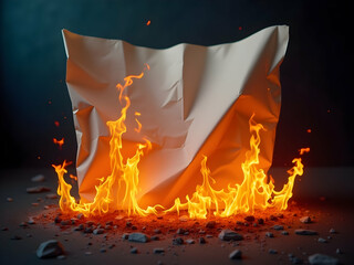 Dramatic depiction of a large, crumpled paper sheet, torn at the edges, engulfed in vibrant flames, symbolizing destruction, transformation, or catharsis in a dynamic scene