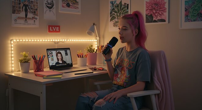 Teen girl streaming online with microphone and laptop for podcasting or live video content creation setup