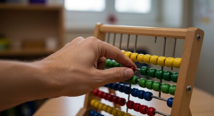 Photo of Child's Hand Using Colorful Wooden Abacus