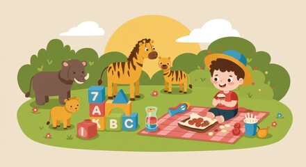 Child's Picnic with Toy Animals and Building Blocks