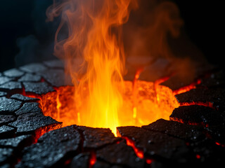 Dramatic volcanic eruption with vibrant orange flame erupting from the center of a fractured surface, resembling molten rock and intense heat and energy