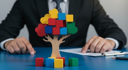Photo of Colorful Tree from Wooden Blocks and Businessman