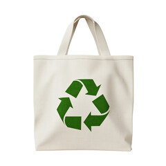Eco friendly canvas tote bag with green recycle symbol isolated on black background