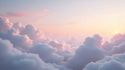 Dreamy pastel sky with fluffy clouds bathed in soft sunset light, creating a peaceful and ethereal atmosphere, ideal for backgrounds and calming visuals