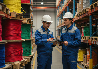 Two warehouse workers in matching blue uniforms collaborate using tablets, amidst colorful cable spools on wooden pallets in a large industrial warehouse.