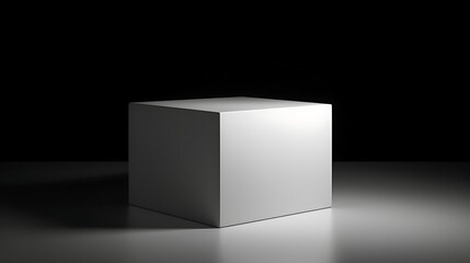 A minimalist white cube structure with sharp edges and smooth surfaces, casting subtle shadows, on a solid black backdrop.