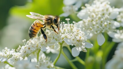 Macro photograph showcasing a bee diligently pollinating delicate white blooms